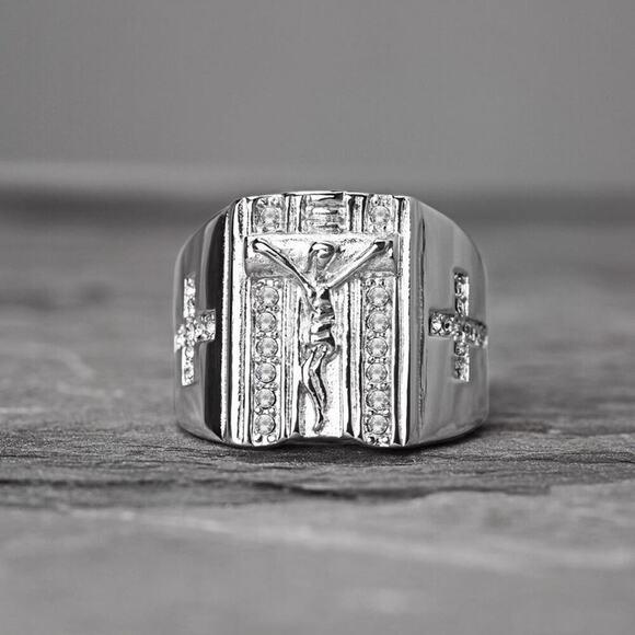 CZ Pave Cross Sides and Jesus on the Cross Stainless Steel Ring size 12 - Picture 2 of 2